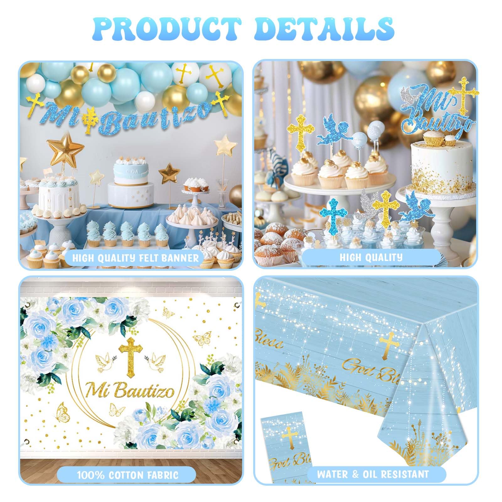 Hombae Mi Bautizo blue balloon banner with gold accents for party ambiance