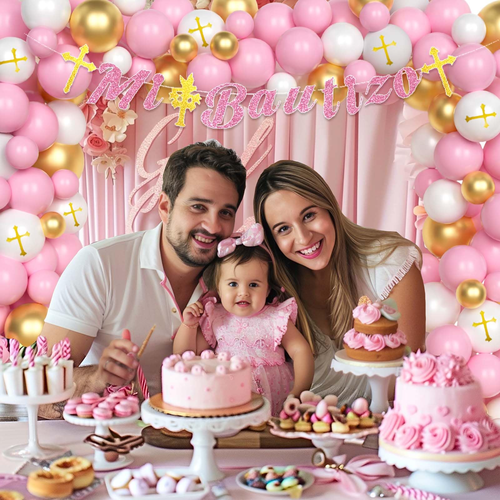 Hombae Mi Bautizo banner anchors decor with pink motif.