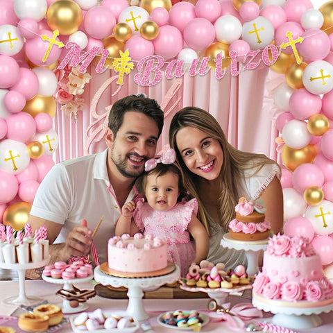 Hombae Mi Bautizo banner anchors decor with pink motif.