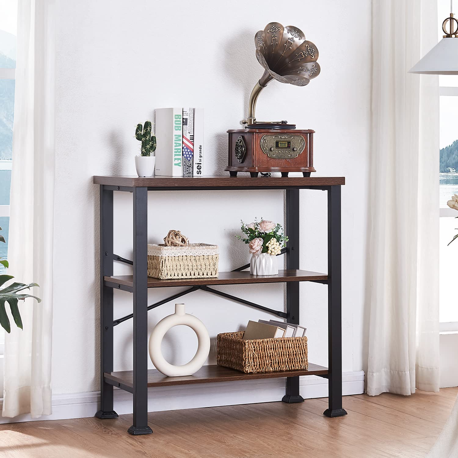 HOMBAZAAR 3-tier bookcase metal frame close-up; industrial vibe and stability.