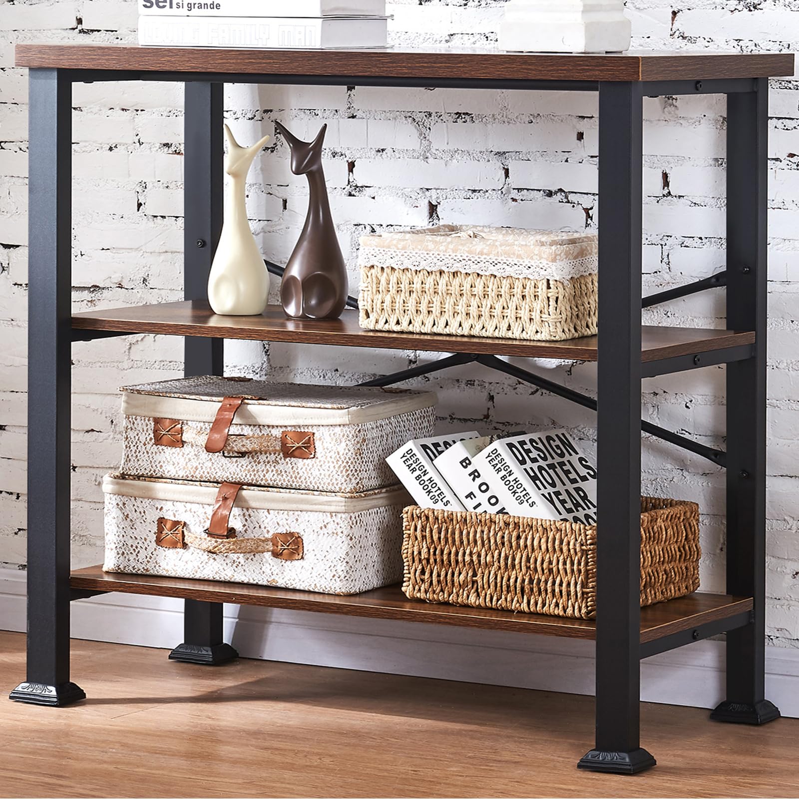 HOMBAZAAR 3-tier bookcase rustic brown finish; sturdy open shelves for display.