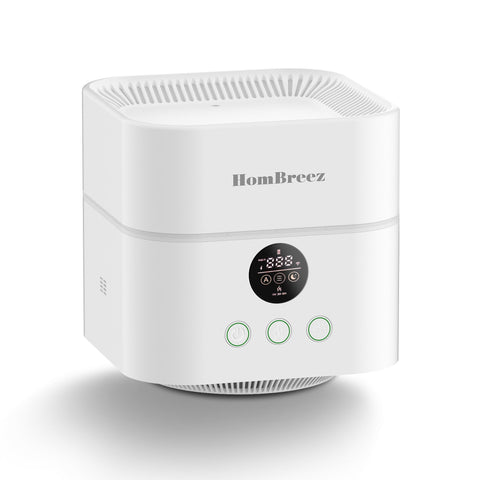 HomBreez air purifier front view for compact bedroom use and clean air.
