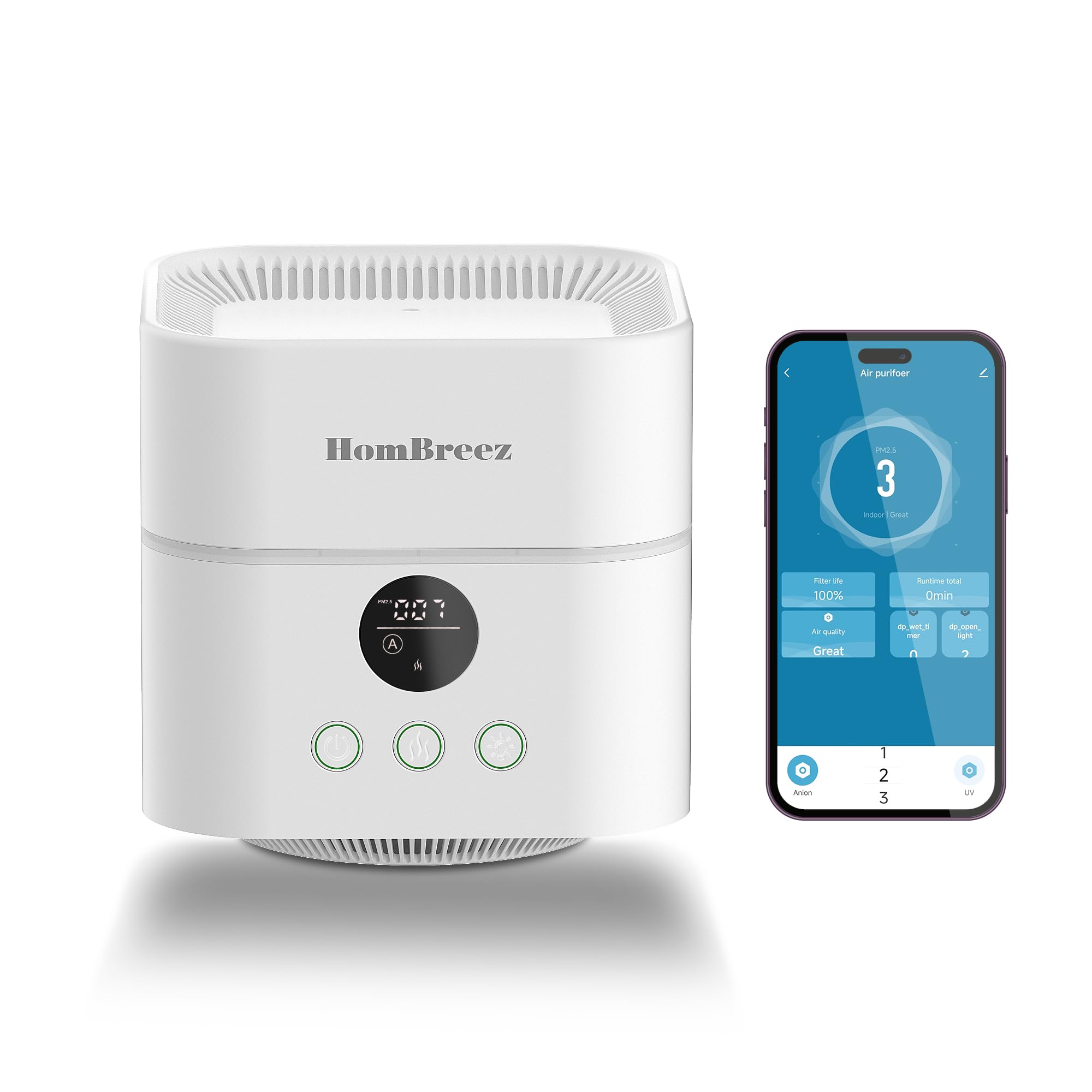 HomBreez air purifier and humidifier front view shows compact 3-in-1 design.