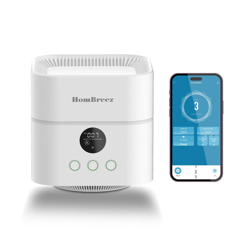 HomBreez air purifier and humidifier front view shows compact 3-in-1 design.
