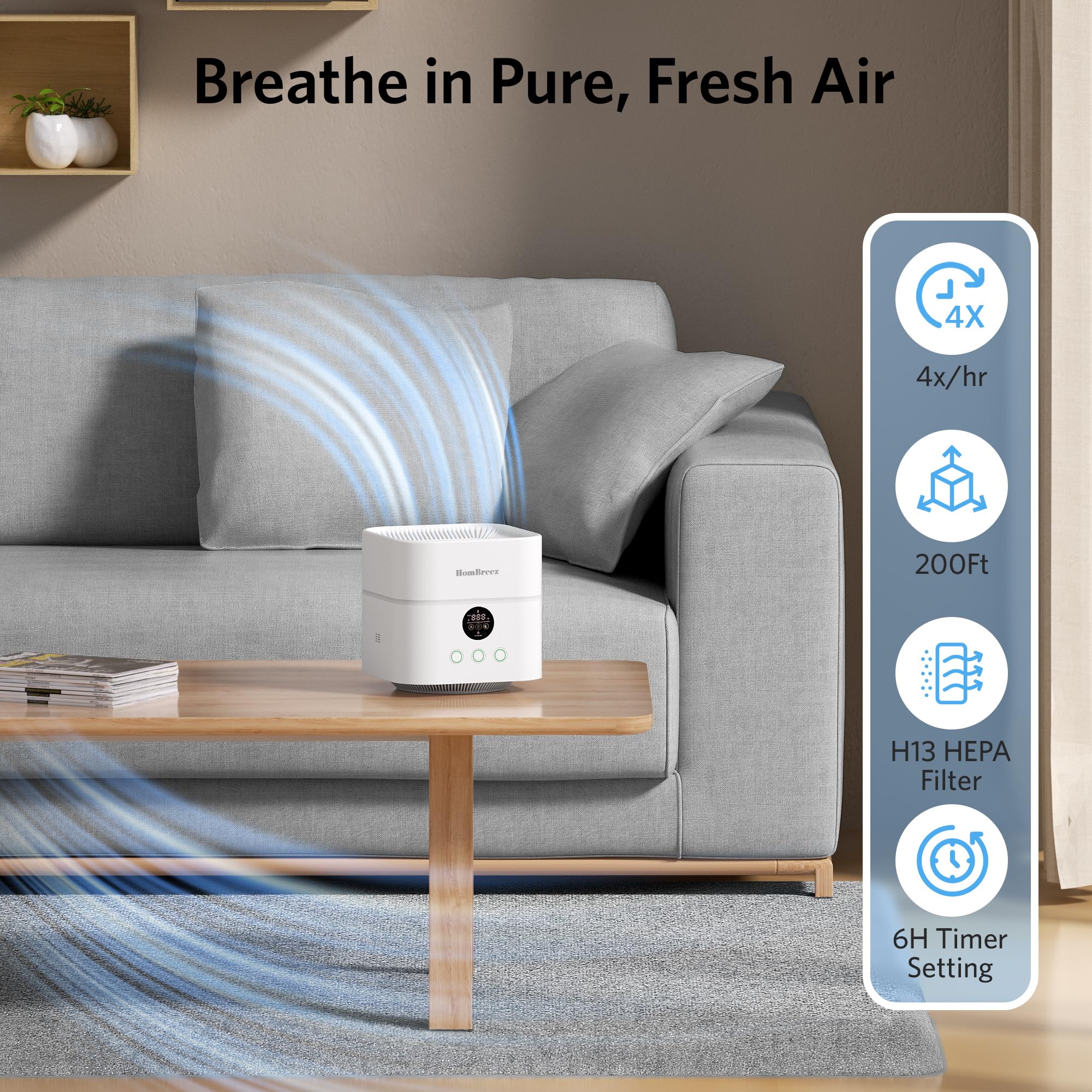 HomBreez HEPA filter image indicates advanced purification for cleaner air.