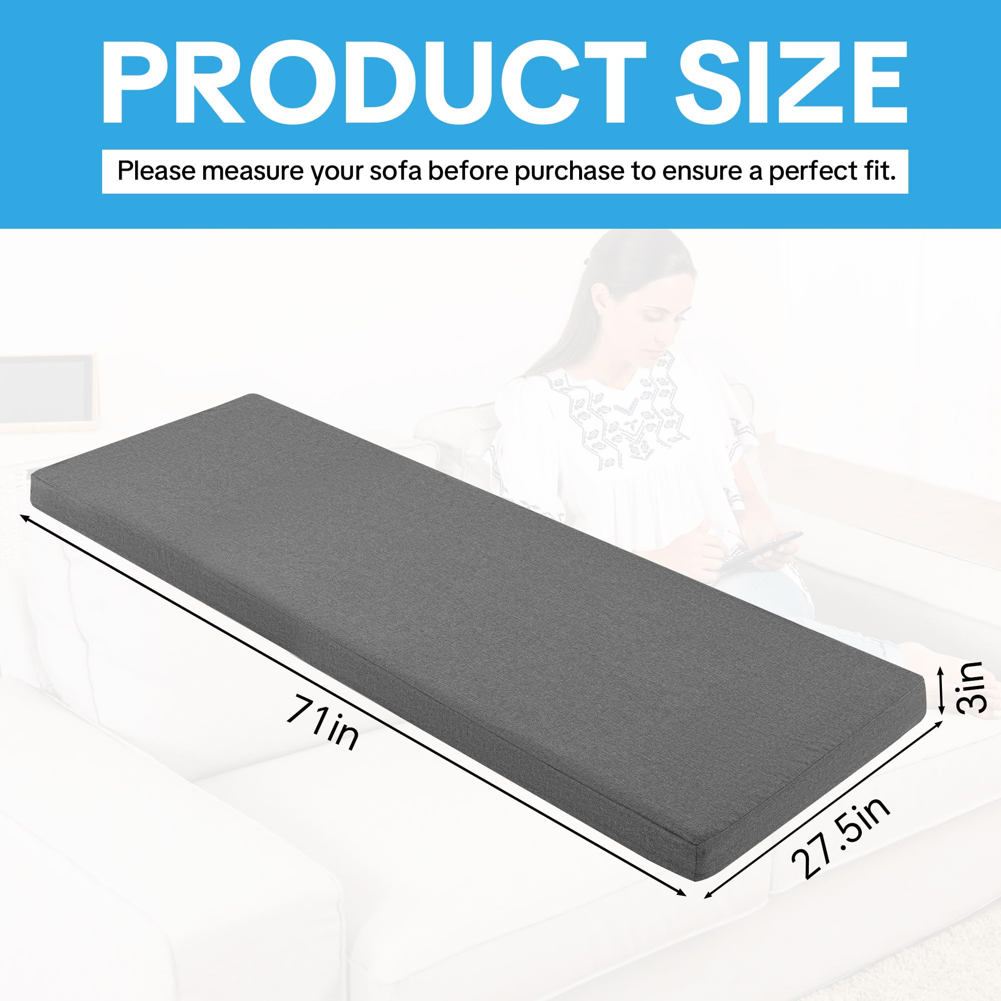 HOMBYS memory foam topper side view showing full coverage of the sofa.