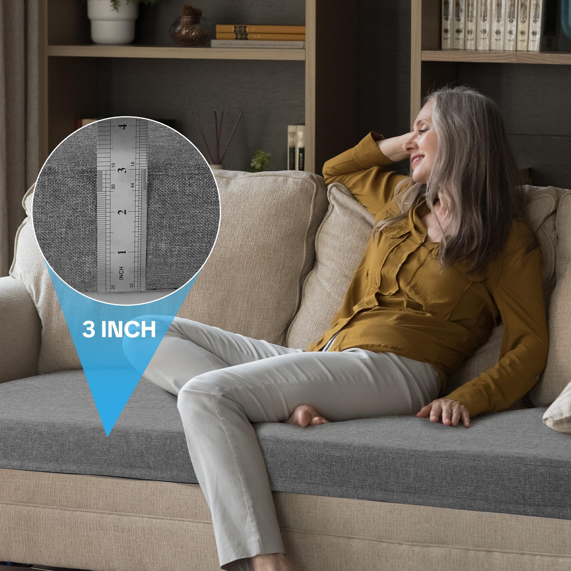 HOMBYS installation on a standard sofa cushion demonstrates easy setup.