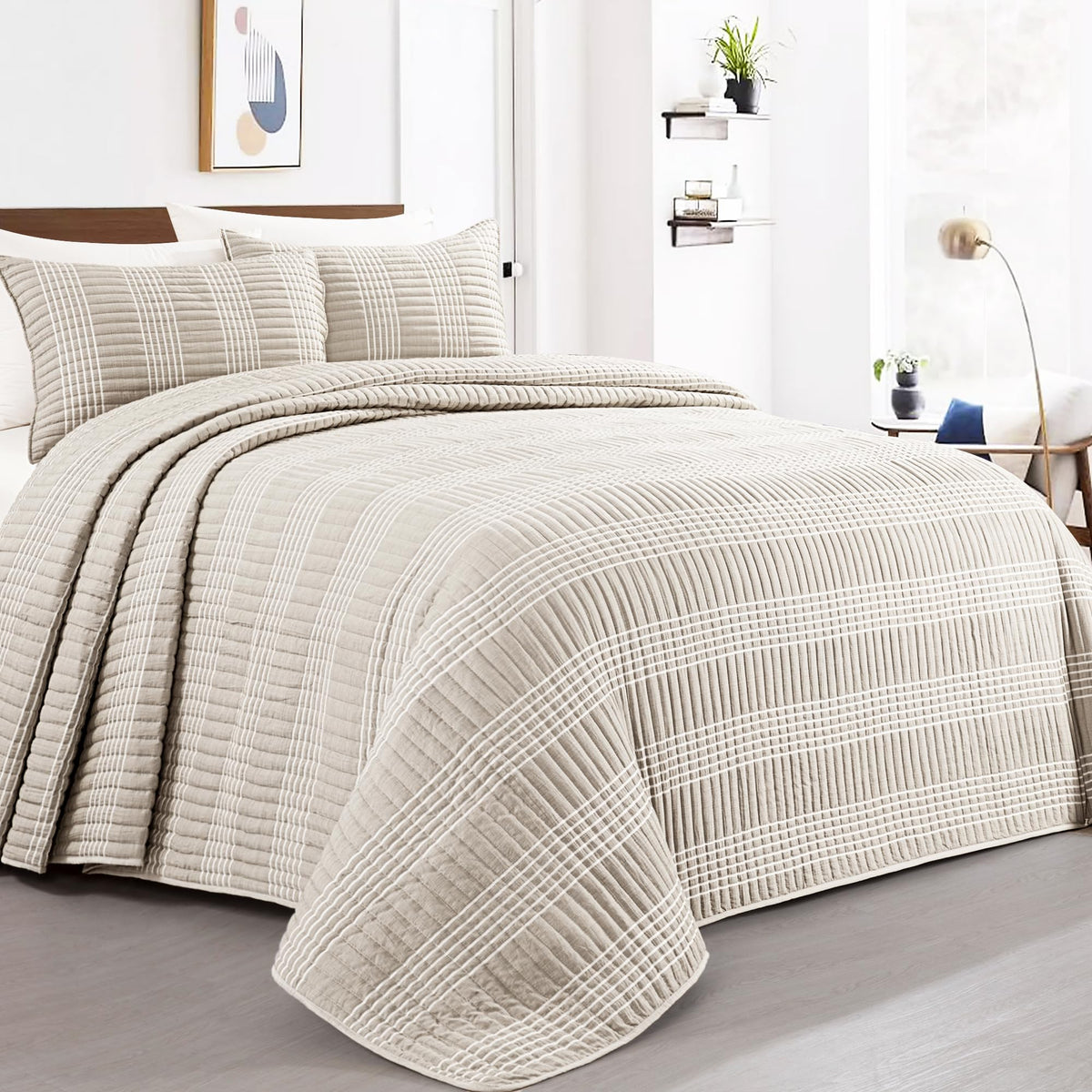 HOMBYS seersucker patchwork oversized quilt drapes floor-to-floor for a clean bed silhouette