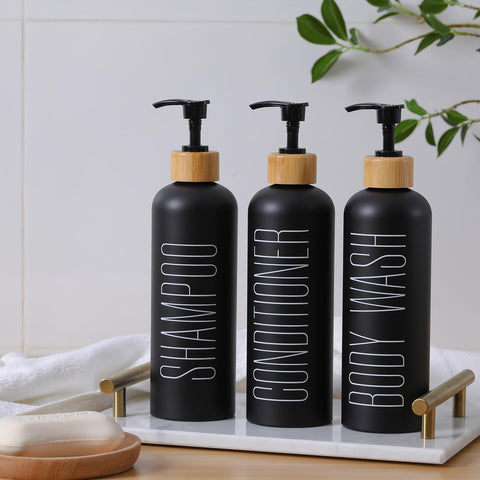 HOMCDALY 16oz conditioner pump bottle in black, keeps bath shelves tidy.