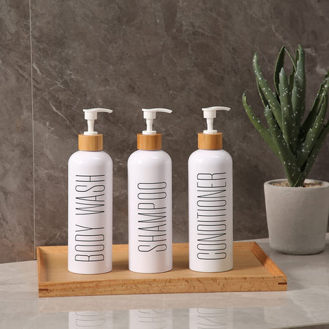 HOMCDALY bamboo pump bottles showcase a minimalist look for a modern bathroom.