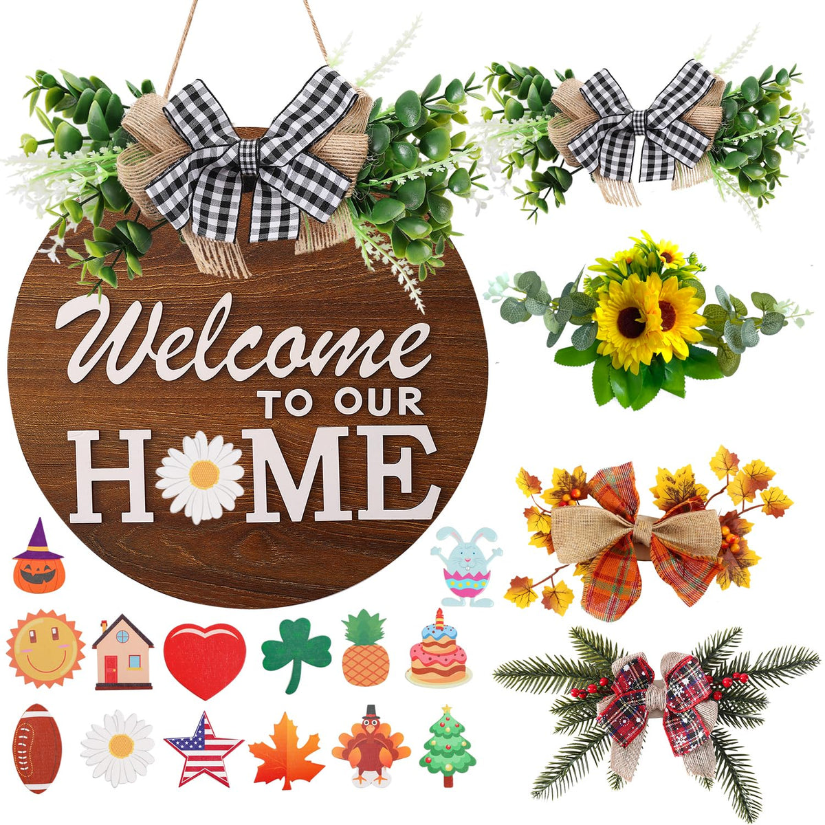 HOMCDALY interchangeable welcome sign on the front door adds seasonal style.