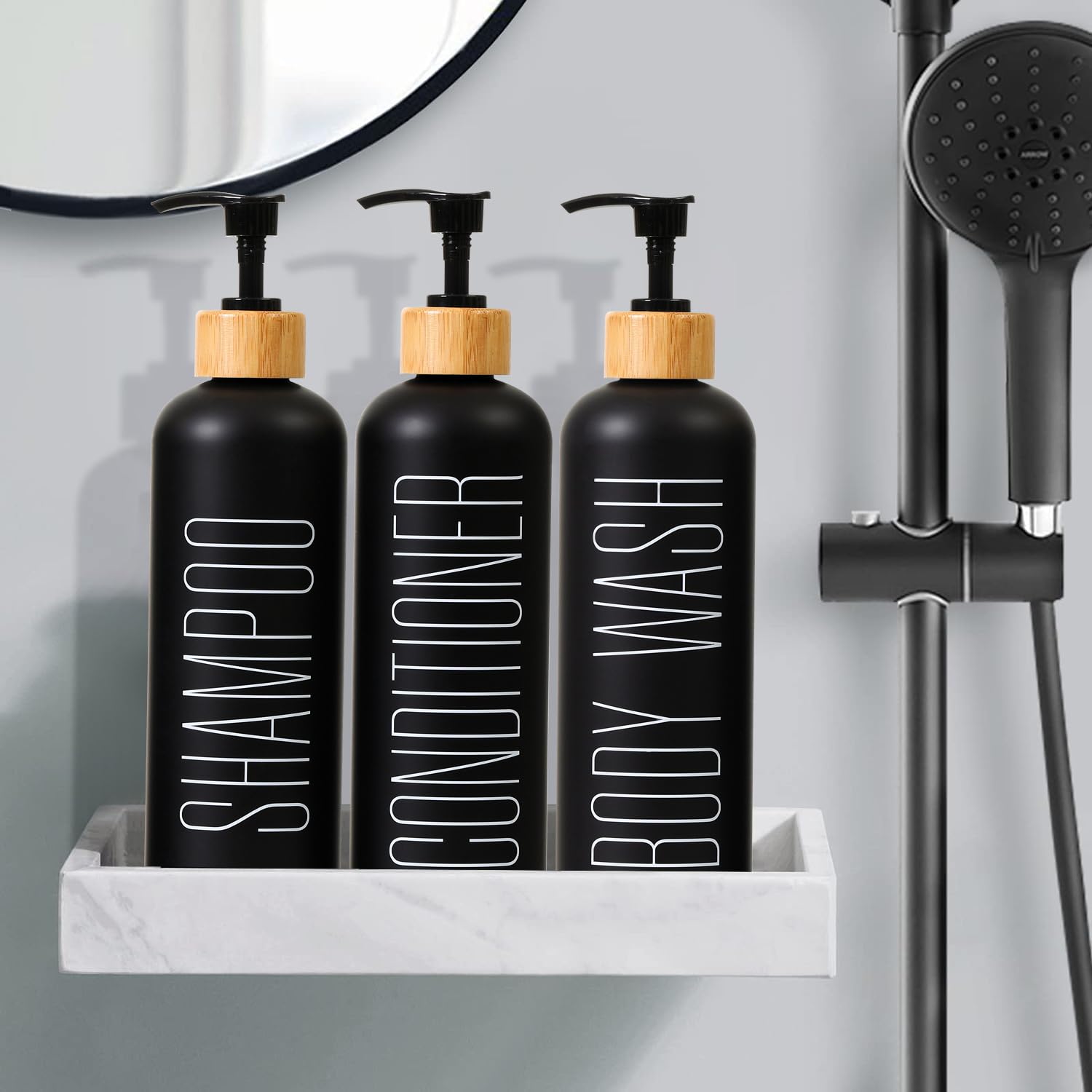 HOMCDALY shower dispenser set with permanent labels, easy to read.