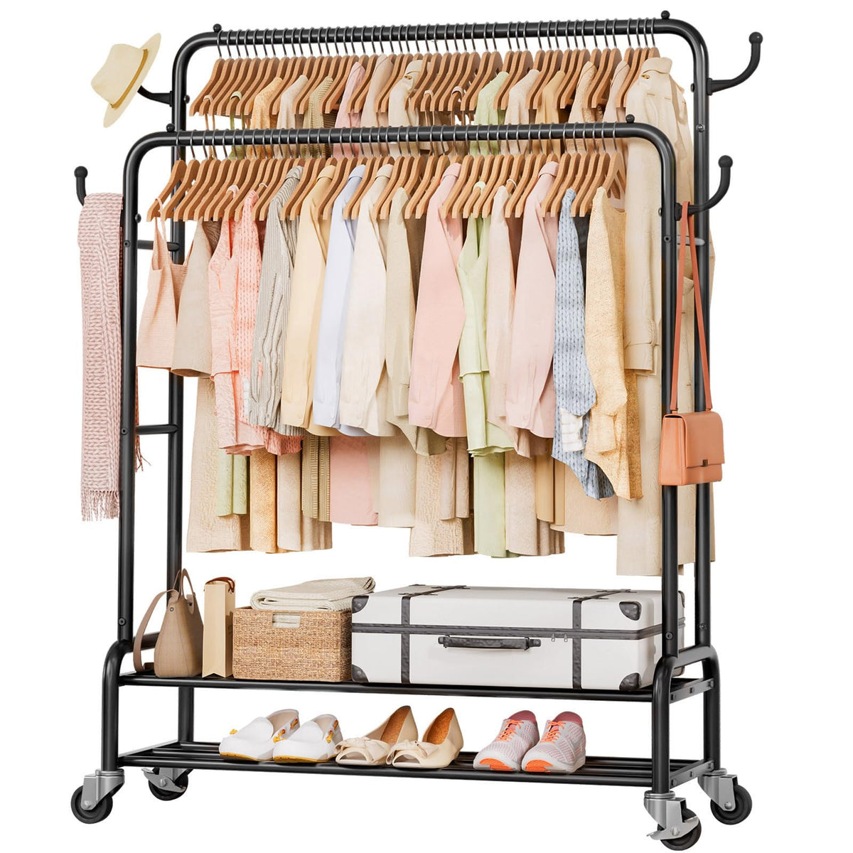 Homde heavy duty clothes rack front view showing sturdy construction for versatile storage.