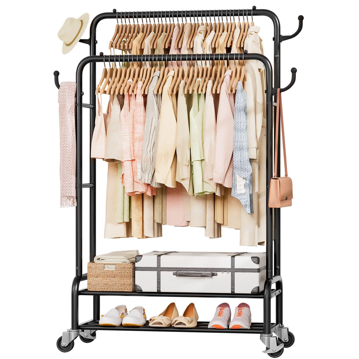 Homde heavy-duty clothes rack front view highlights double rod capacity for bulky garments.