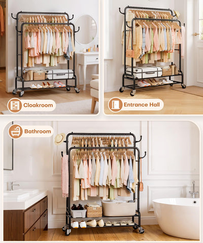 Homde heavy duty clothes rack in entryway demonstrates portable storage flexibility.