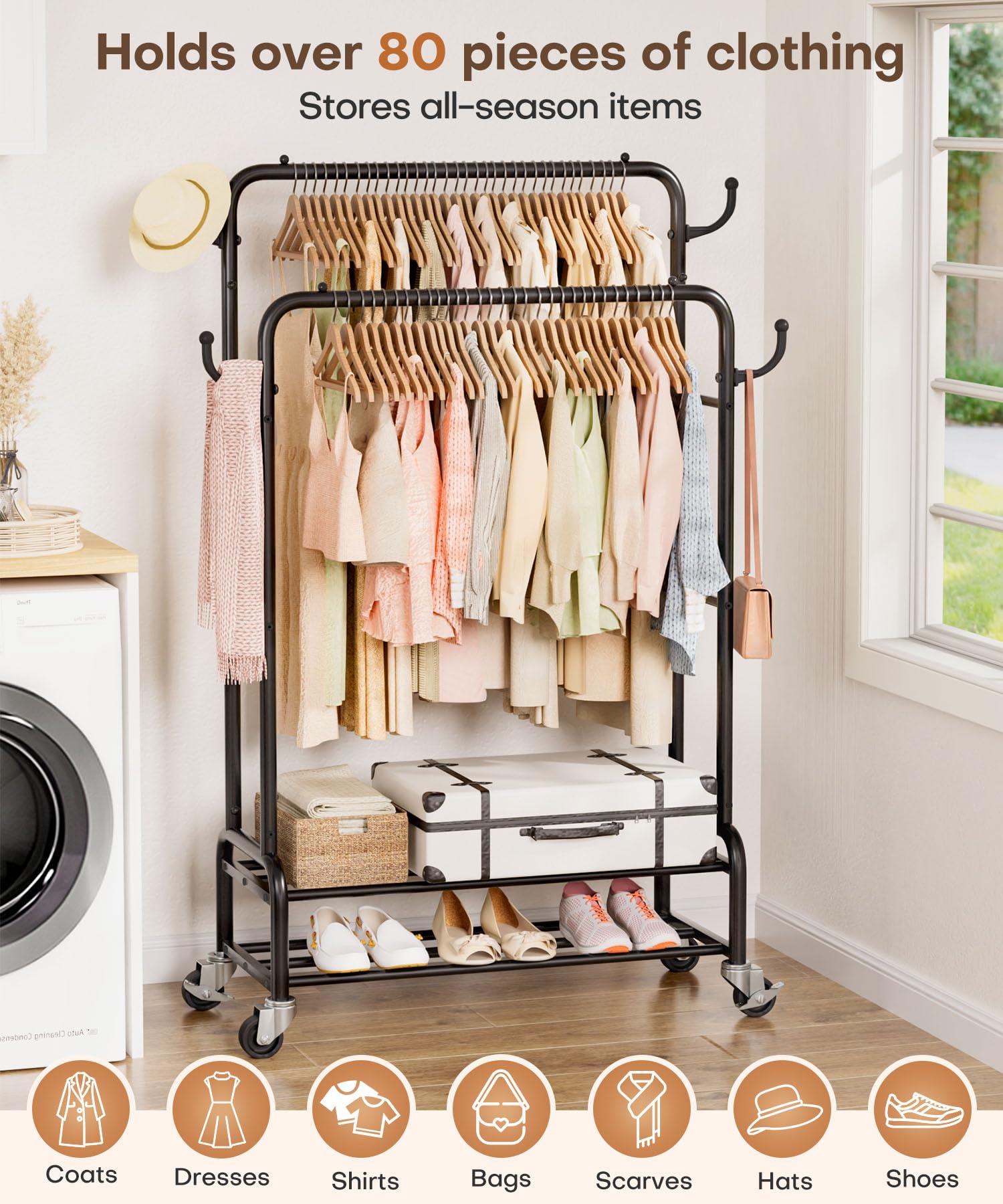 Homde heavy-duty clothes rack with locking wheels stays steady during use.