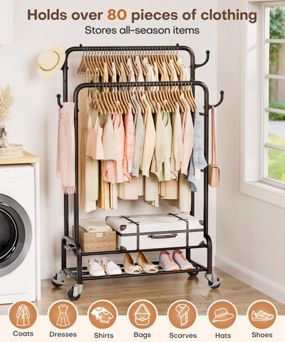 Homde heavy-duty clothes rack with locking wheels stays steady during use.