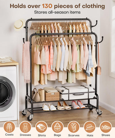 Homde heavy duty clothes rack with lower shelves keeps shoes and boxes organized.