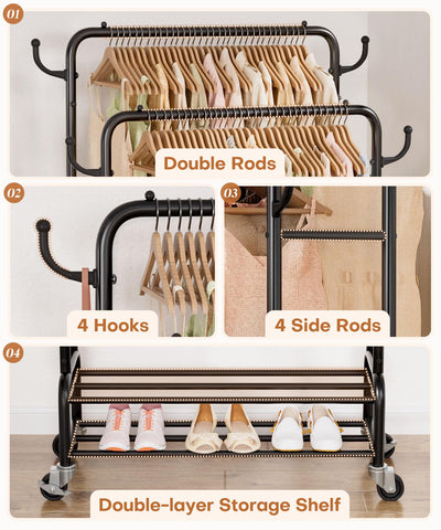 Homde heavy-duty clothes rack lower shelves store shoes, boxes, or bags neatly.