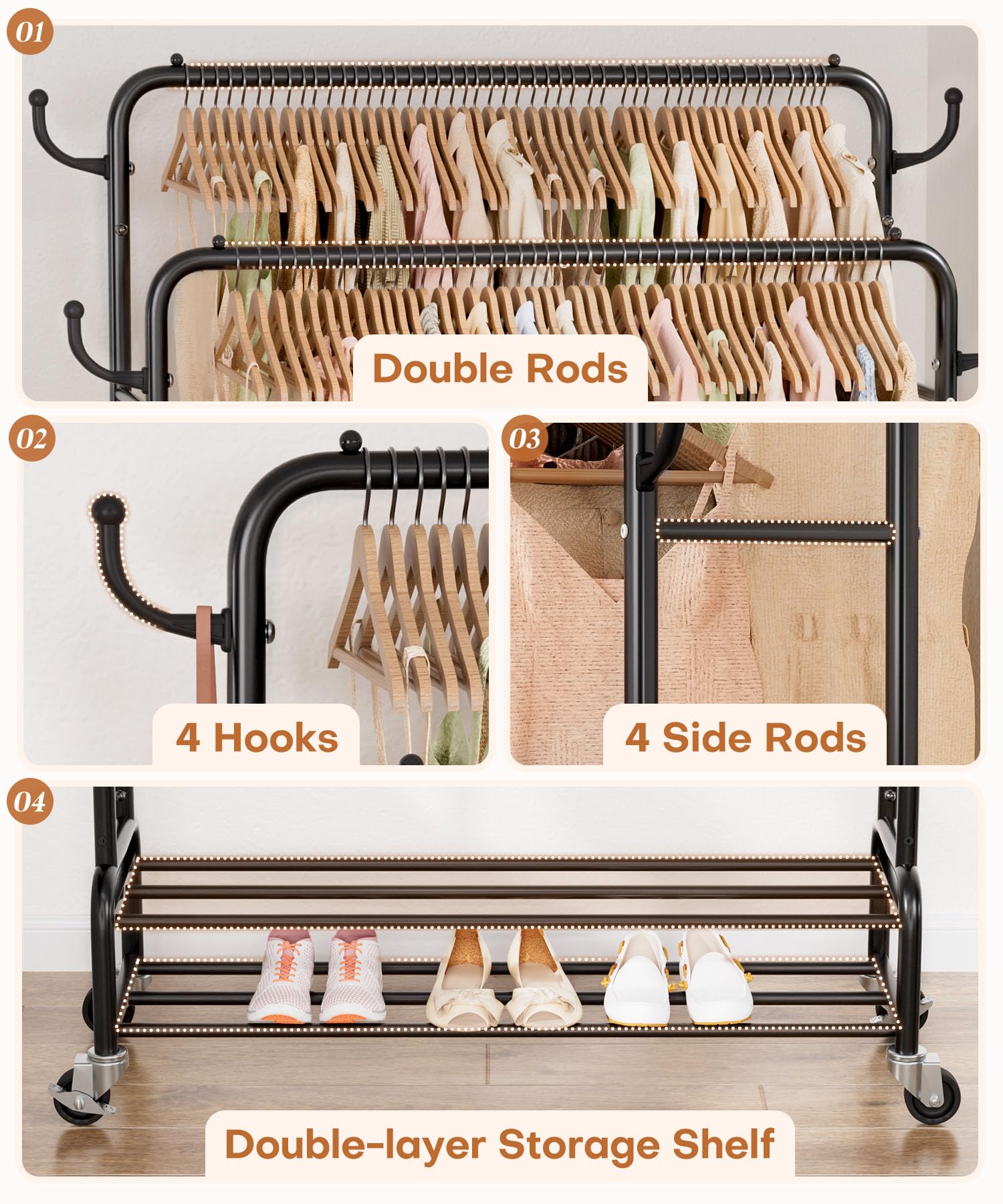 Homde heavy duty clothes rack side hooks hold caps, bags, or scarves.