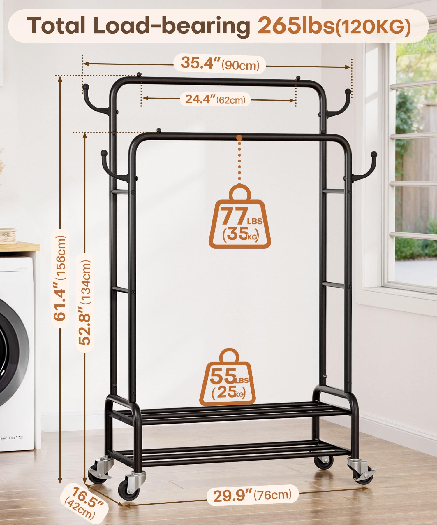 Homde heavy-duty clothes rack side view demonstrates space-efficient design for long coats and outfits.
