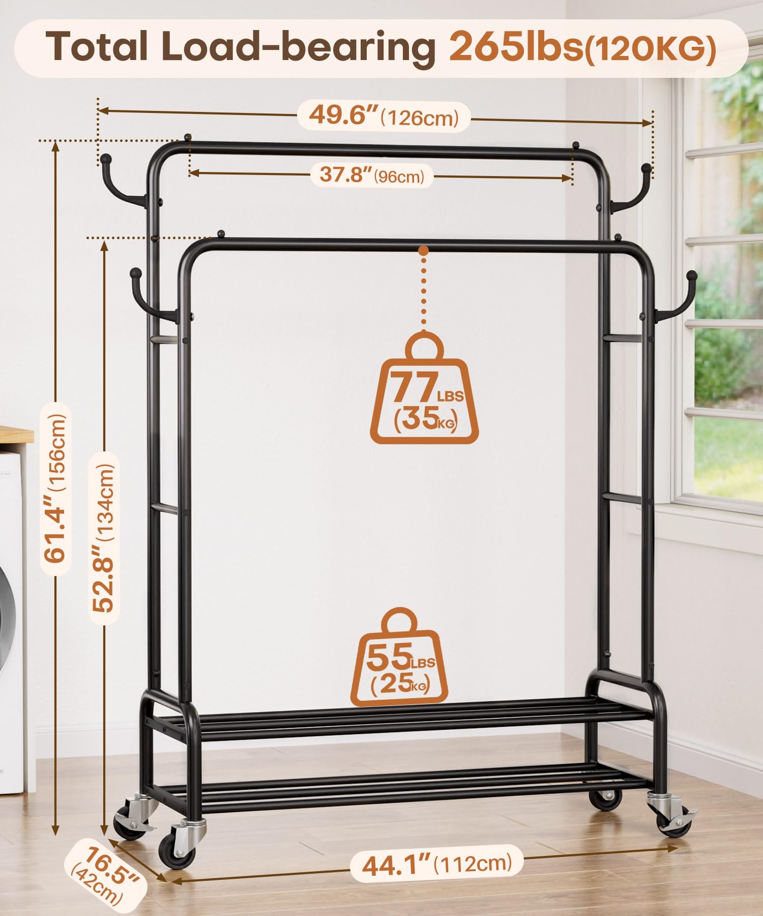 Homde heavy duty clothes rack side view demonstrates extra hanging space for long garments.
