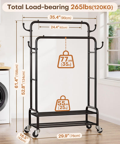 Homde heavy-duty clothes rack side view demonstrates space-efficient design for long coats and outfits.
