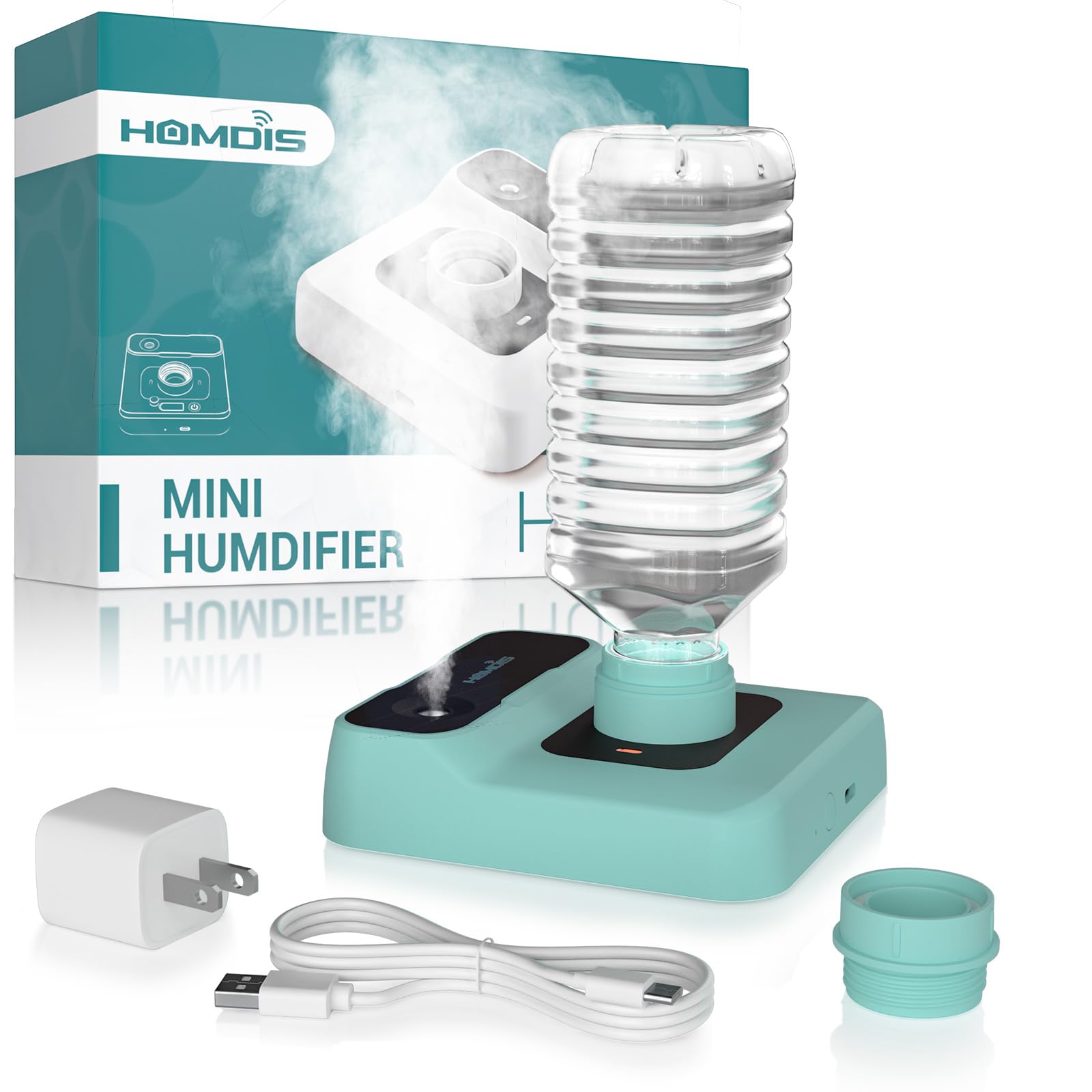 HOMDIS Travel Humidifier with water bottle attachment delivers portable moisture.