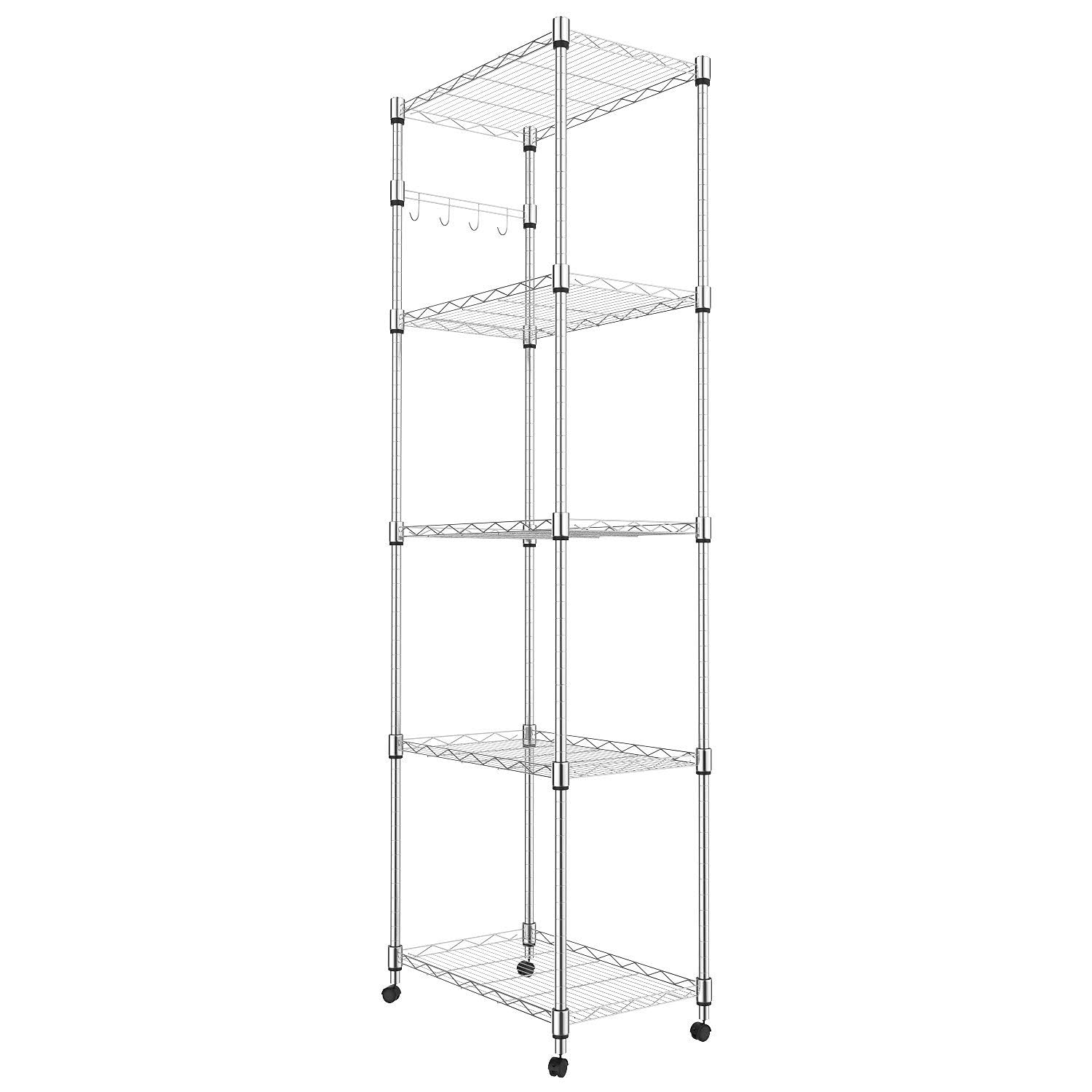 Homdox 5-tier shelving on wheels with chrome finish for versatile storage.