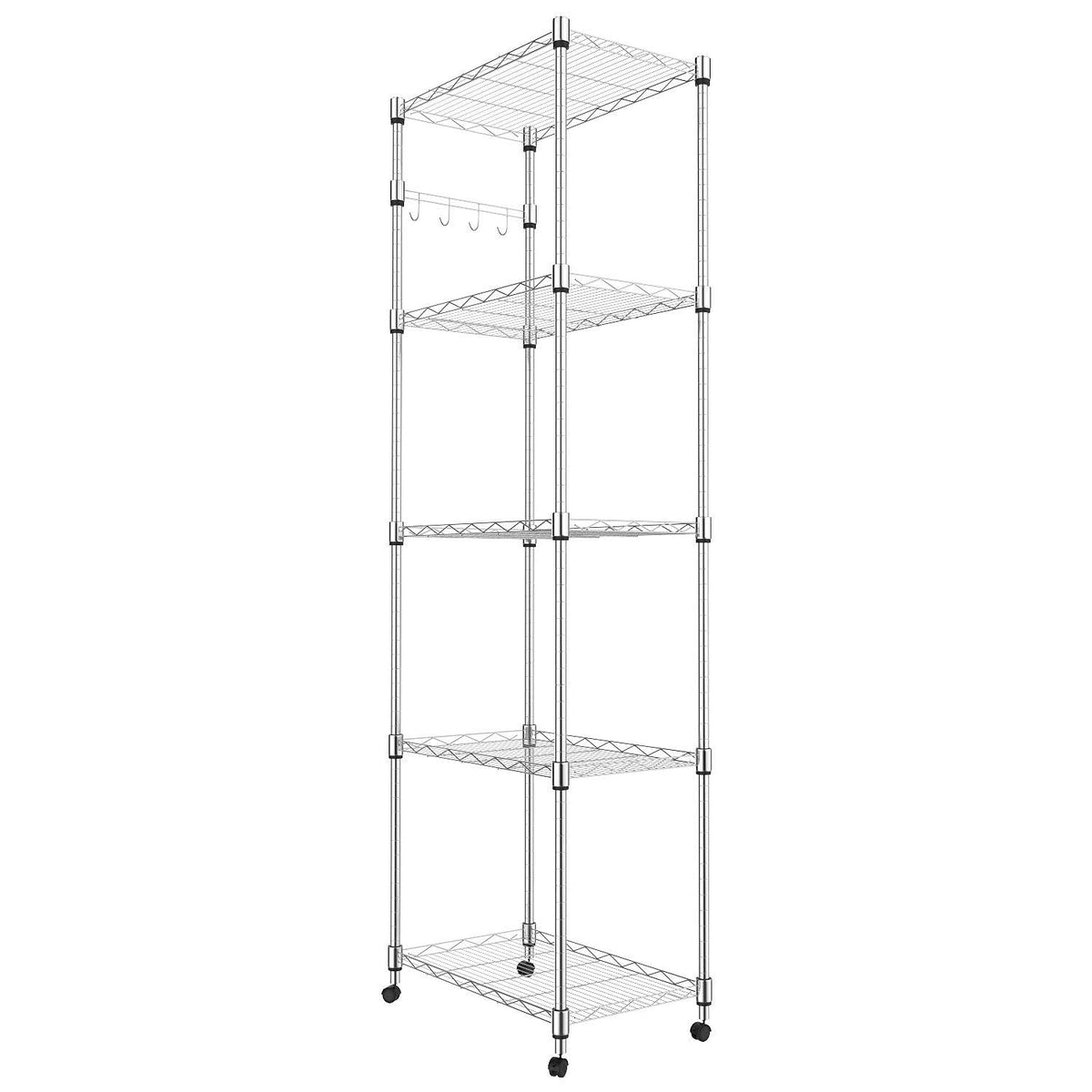 Homdox 5-tier shelving on wheels with chrome finish for versatile storage.
