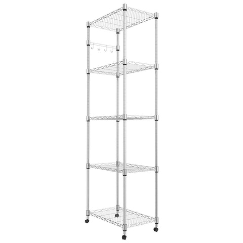 Homdox 5-tier shelving on wheels with chrome finish for versatile storage.