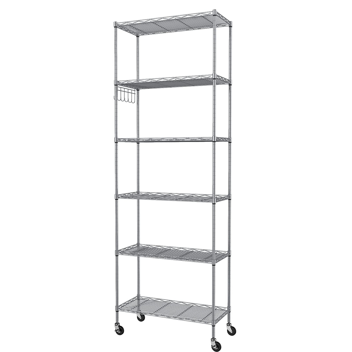 Homdox 6-tier shelving unit front view, ideal for tall, organized storage in any room.