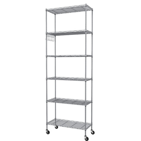 Homdox 6-tier shelving unit front view, ideal for tall, organized storage in any room.