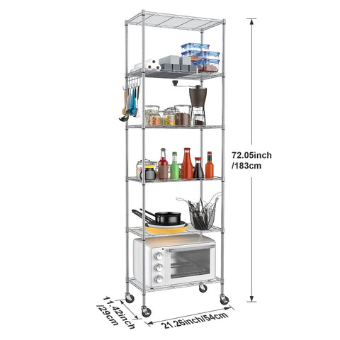 Homdox 6-tier shelving unit side hooks, expand hanging storage for towels and brushes.