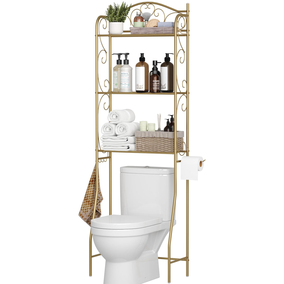 HOME BI over-toilet shelf front view in gold space saving design