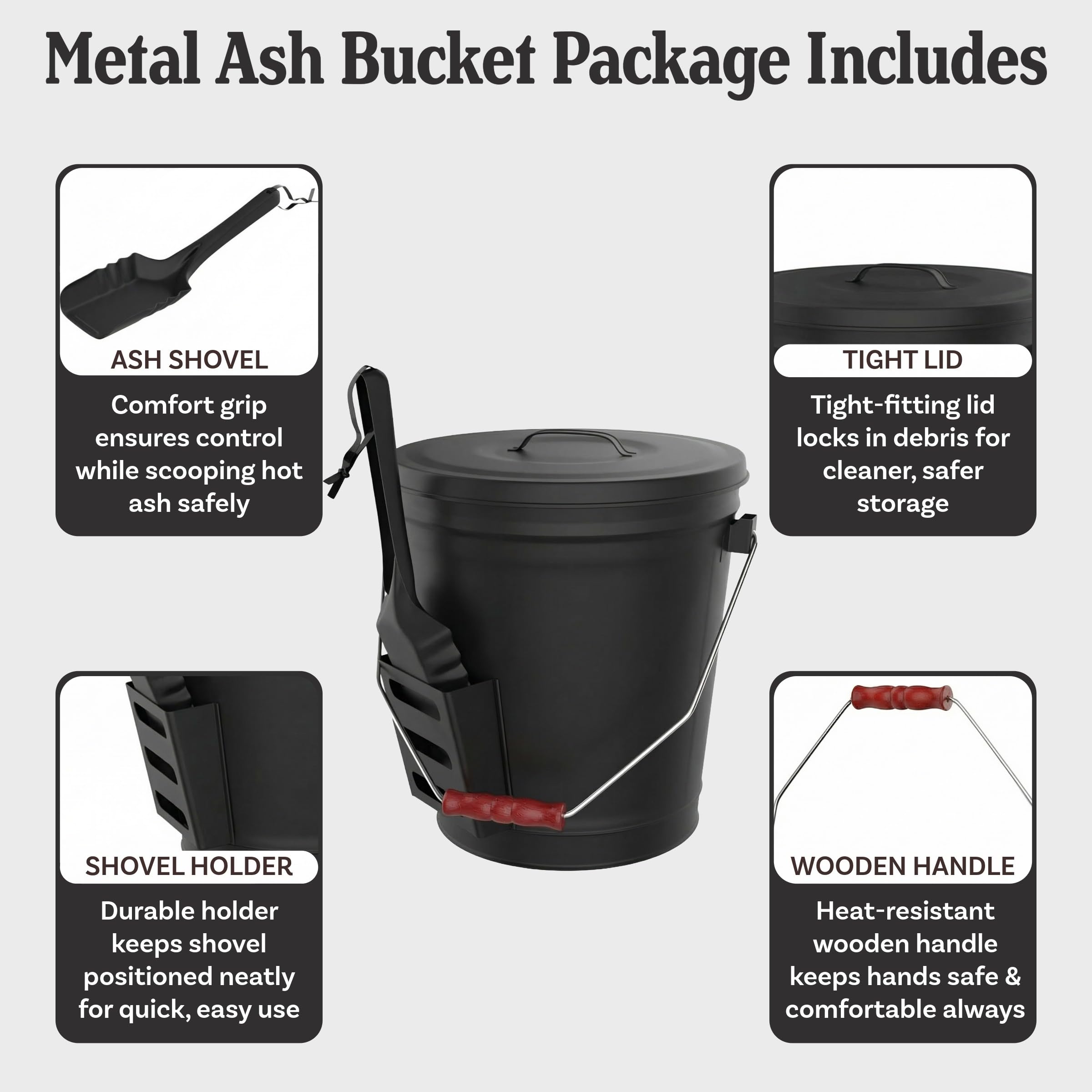 Home-Complete ash bucket with wood-grip handle for comfortable carrying