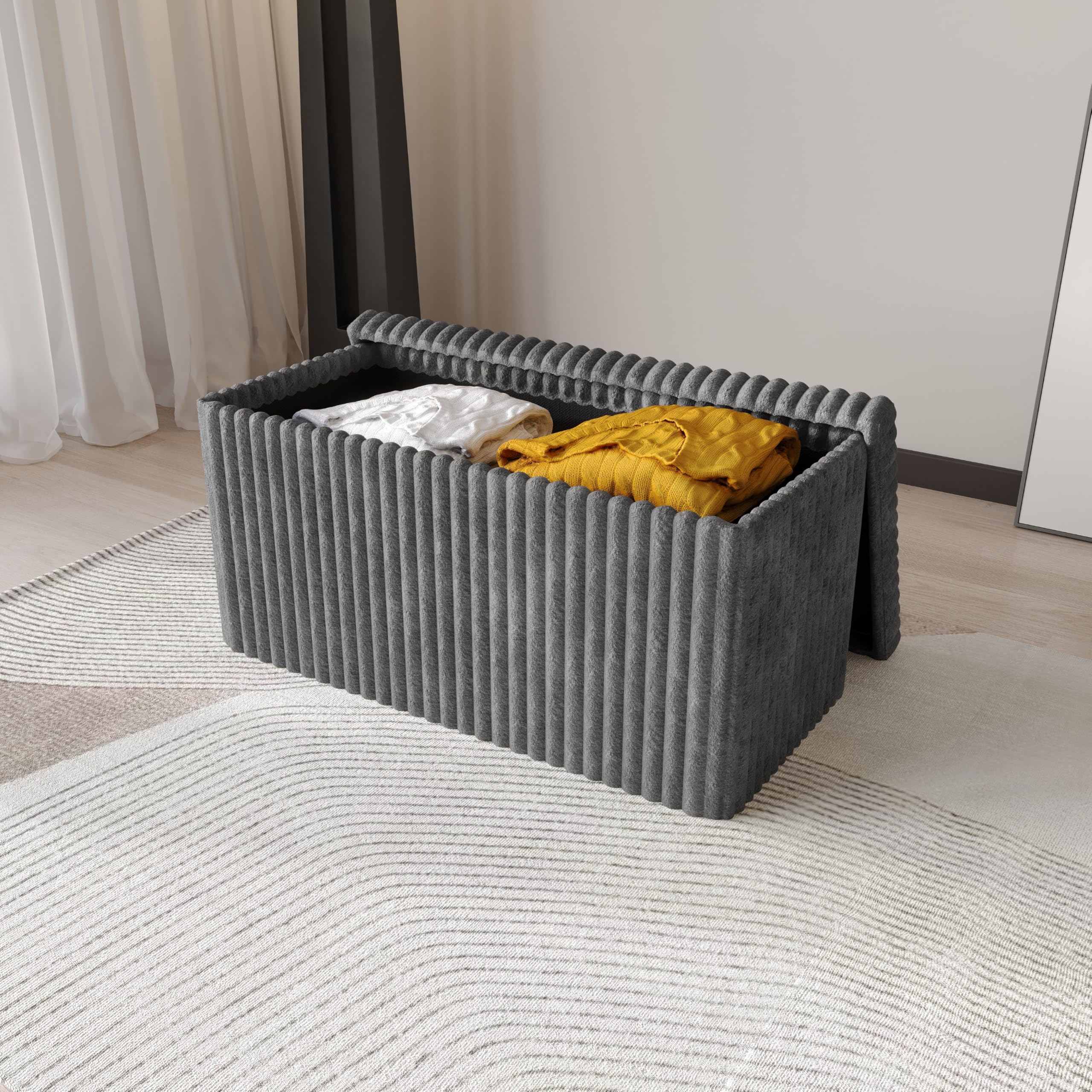 HOME DESIGN Florence bench with tufted gray corduroy adds cozy seating for corners.