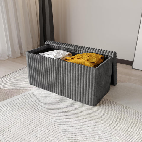 HOME DESIGN Florence bench with tufted gray corduroy adds cozy seating for corners.