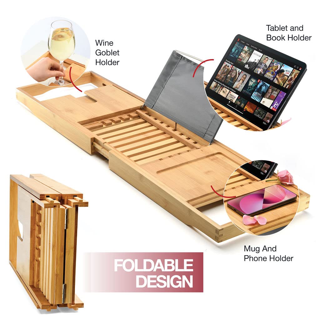 HOME IT tray phone slot secures your device while you unwind in the tub.