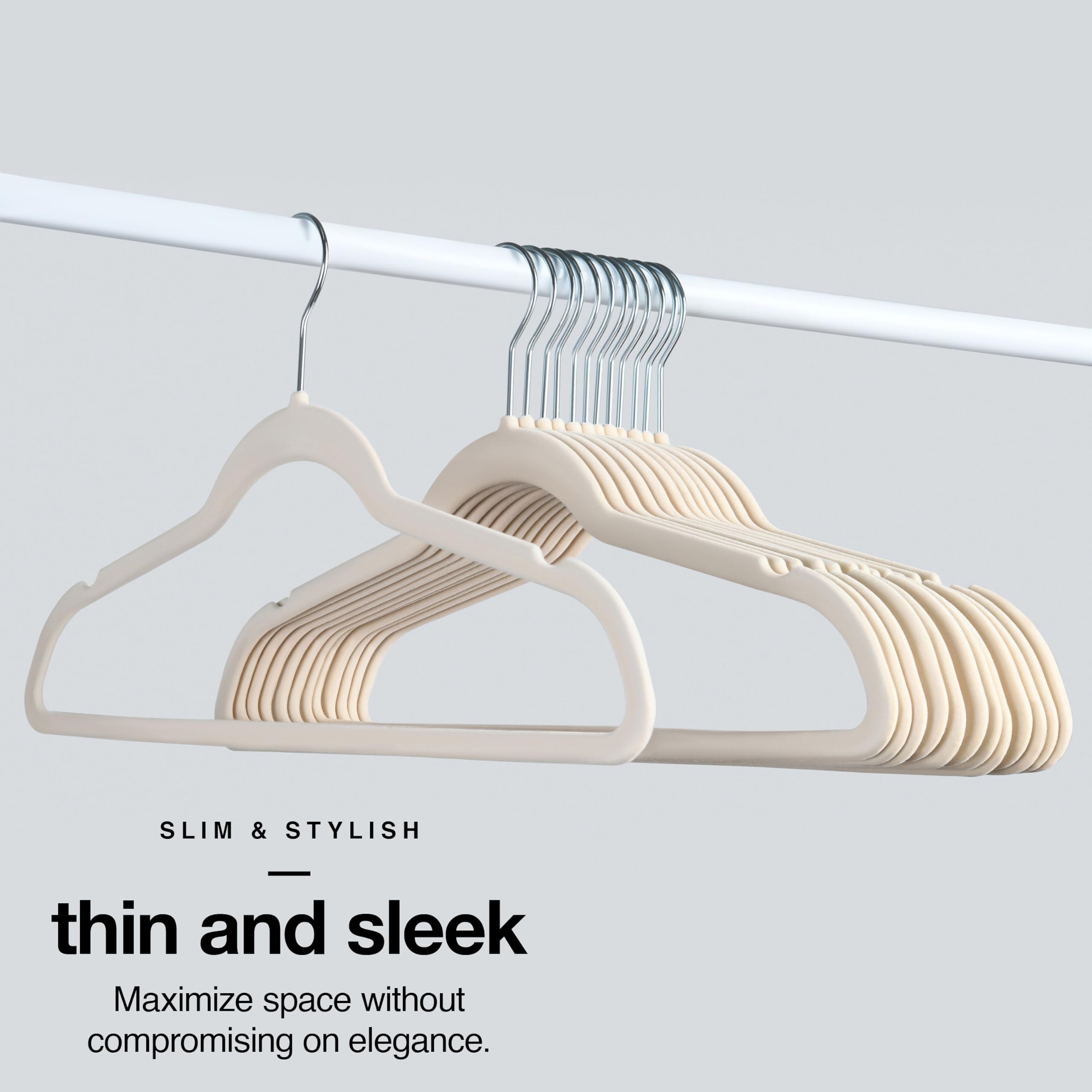 Home-it velvet hangers feature a 360-degree swivel hook for flexible arrangement