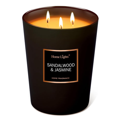 Home Lights luxury scented candle with three wicks enhancing living room ambience
