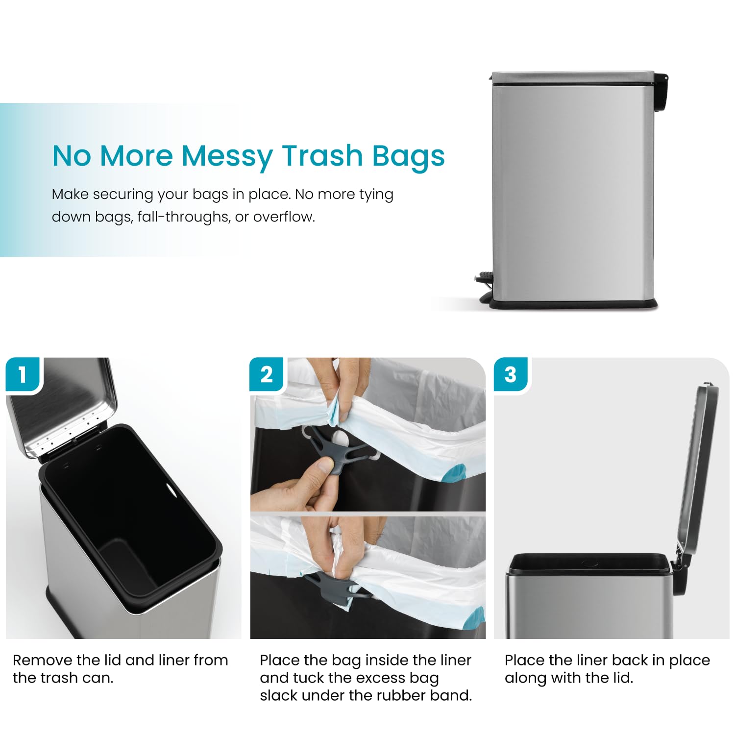 Home Zone Living bag tuck-band keeps liner neat during bag changes