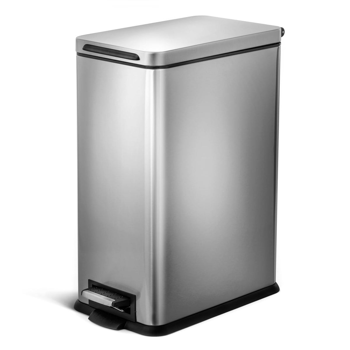 Home Zone Living 8-gallon slim trash can with lid in a tight kitchen corner for space saving