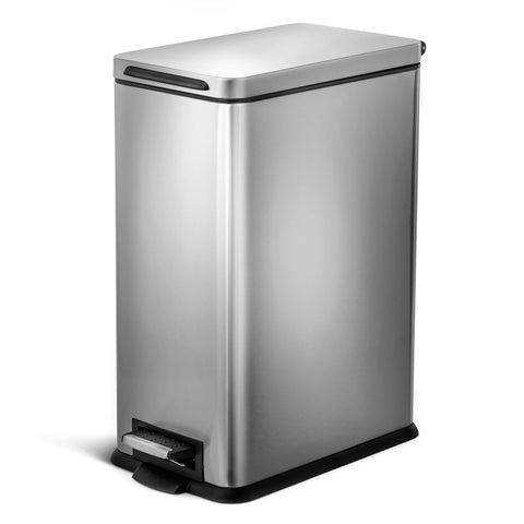 Home Zone Living 8-gallon slim trash can with lid in a tight kitchen corner for space saving