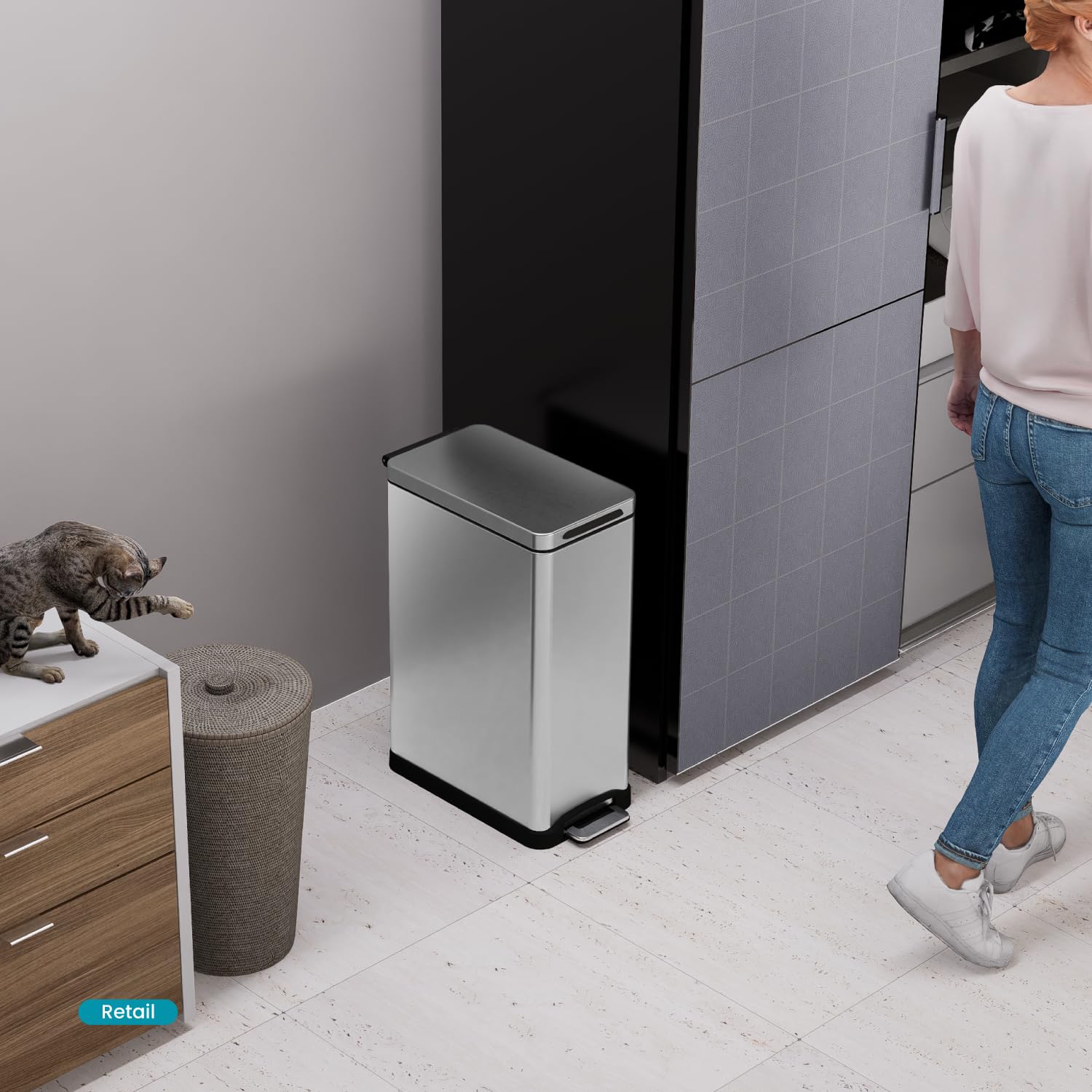 Home Zone Living silver trash can blending with contemporary kitchen décor.
