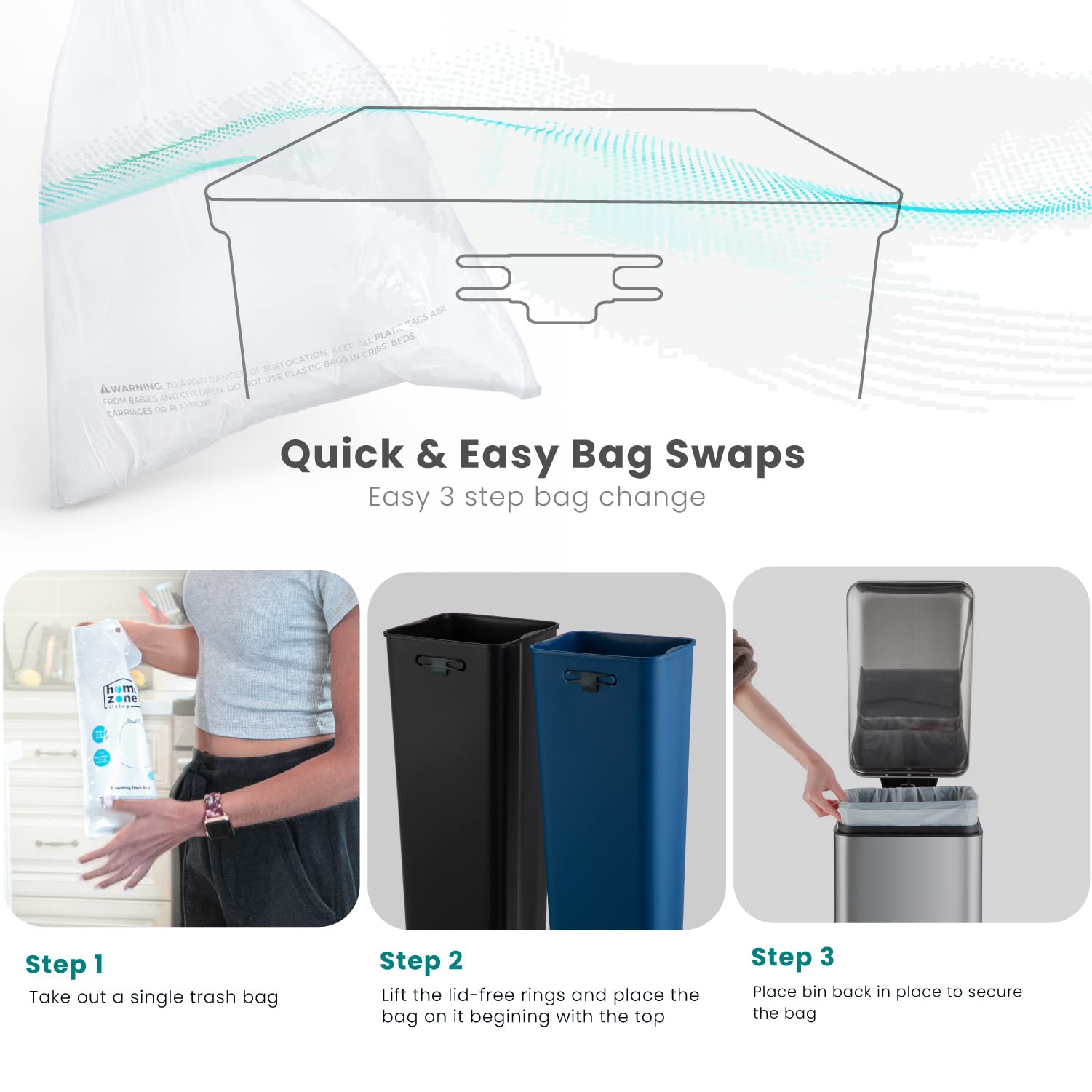 Home Zone Living step pedal enables hands-free lid operation.