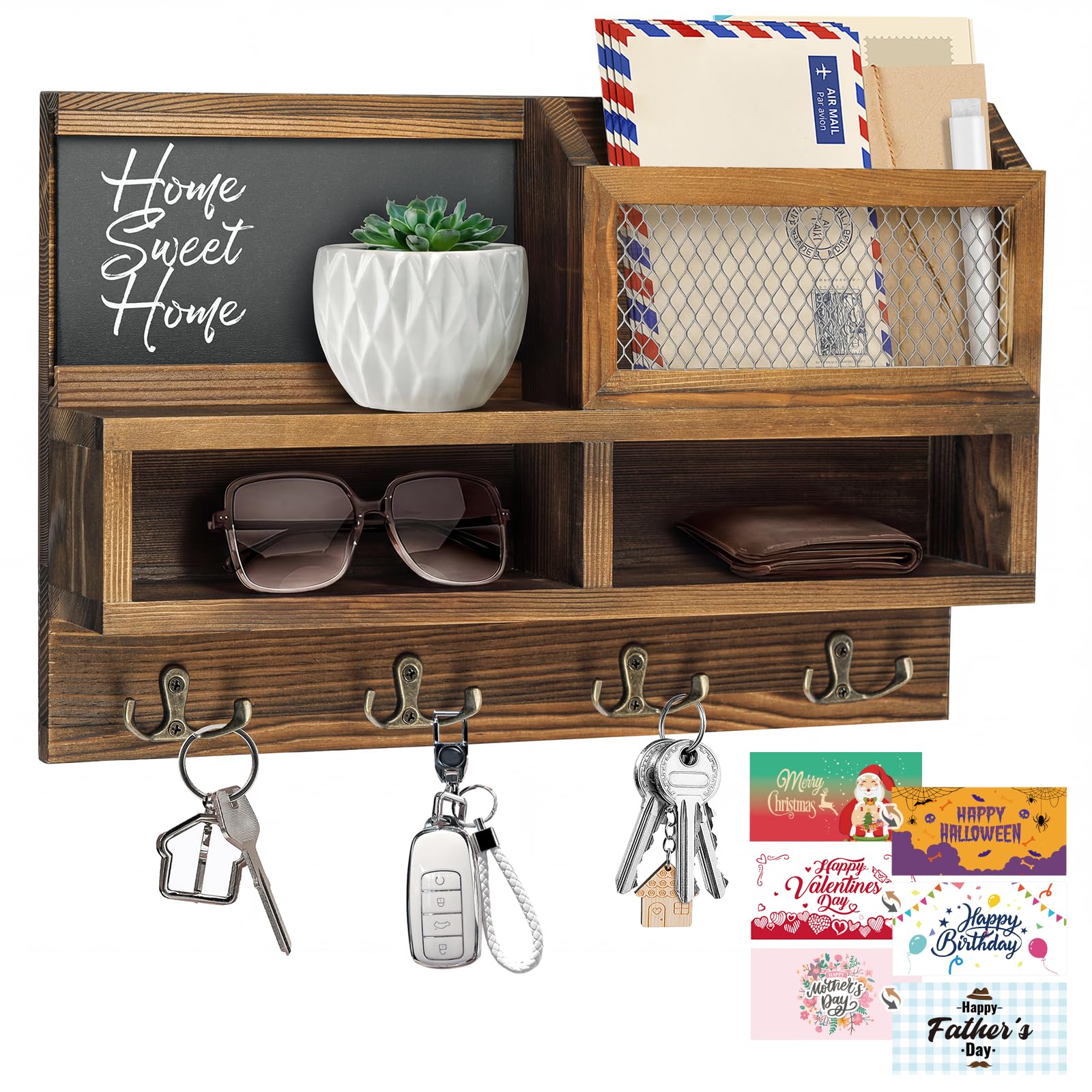 Homebros key holder wall mount with wooden mail organizer keeps daily essentials tidy.