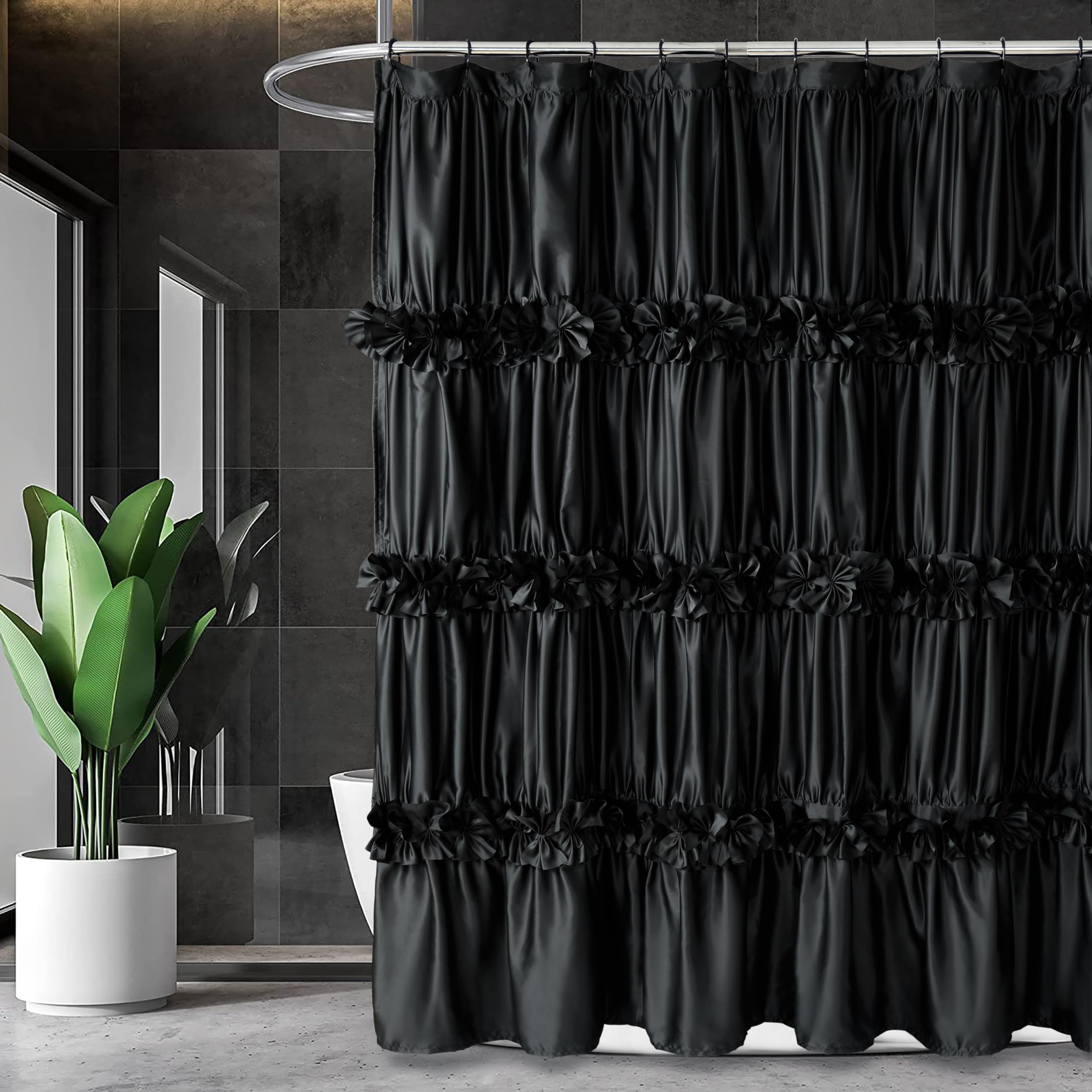 Homechoice Decor Black Ruffle Shower Curtain with ruched detailing adds elegant privacy.