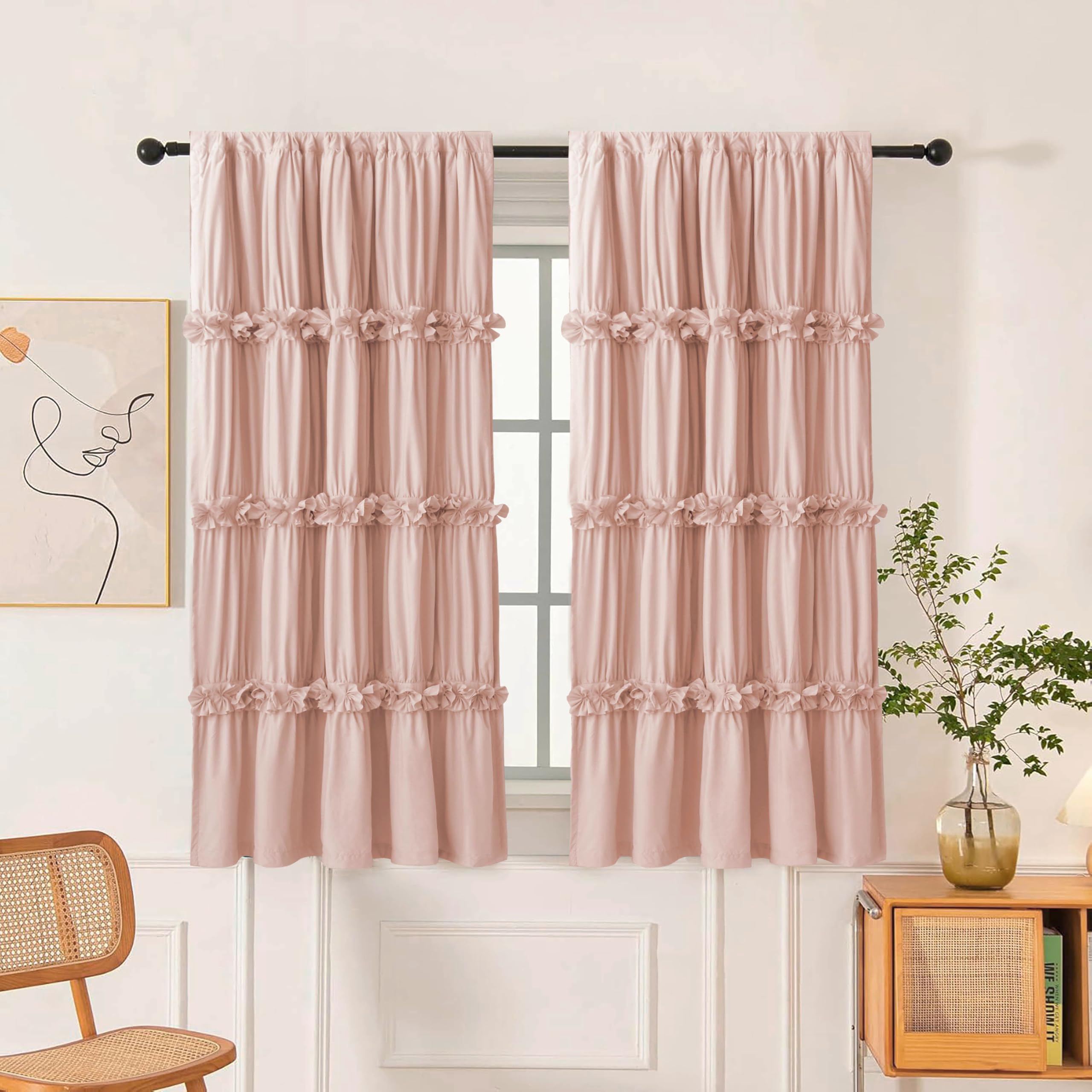 Homechoice Decor peach pink curtains with ruched butterfly detail for a soft, elegant room ambiance.