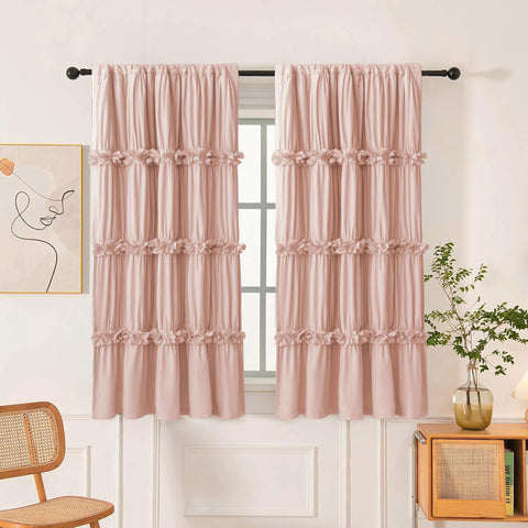 Homechoice Decor peach pink curtains with ruched butterfly detail for a soft, elegant room ambiance.